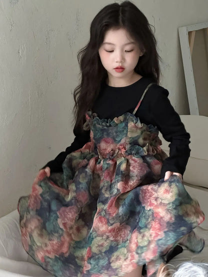 Girls Casual Dresses Autumn Girl Black T-shirt Camisole Flower Mesh Gauze Suit Princess Simple Printing Loose Beautiful 2024