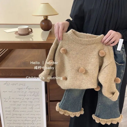 Autumn Tops's Girls Knitted Pullover Sweater Casual Simple Balloon Top Coat Winter Baby Clothing Fur Ball Design 1PCS   (Available)
