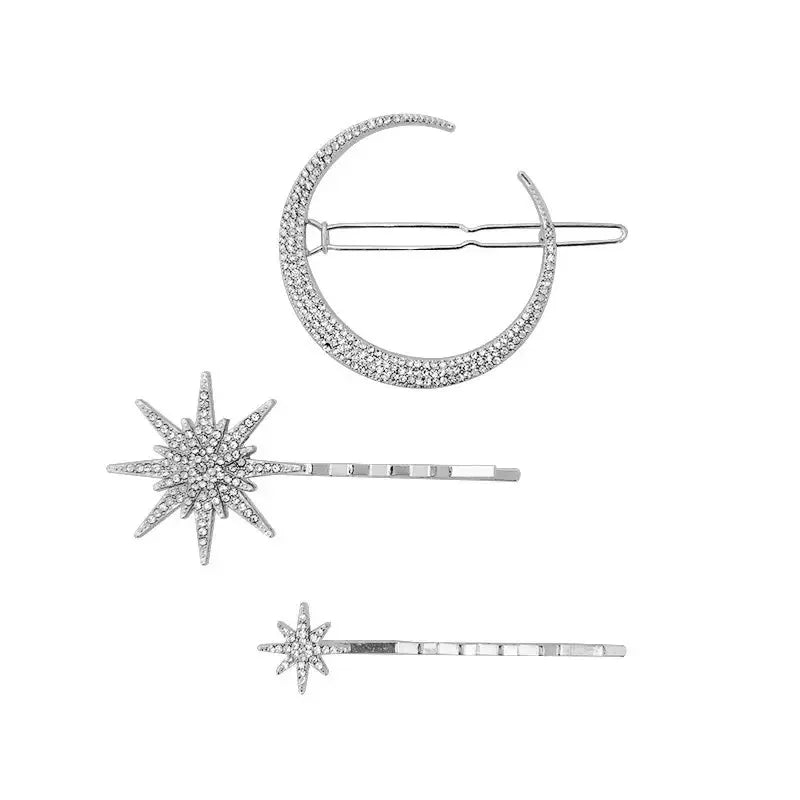 Women Side Clip Hair Barrettes Girl Accessories 3D Geometric Stars Moon Rhinestone Clips Set Silver Snowflake Star Hairpins