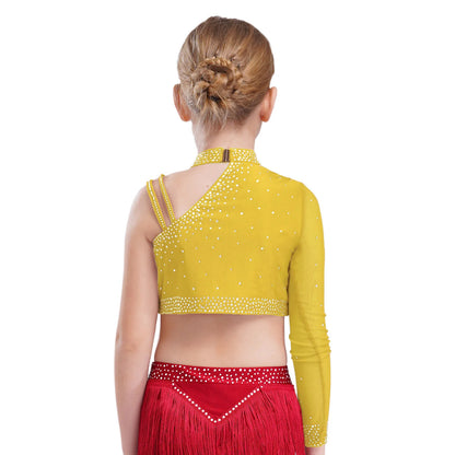 Girls Modern Dance Dress 2 Piece One-shoulder Sleeve Rhinestone Crop Top And Feather Skirts Sets Dance for Stage Performance