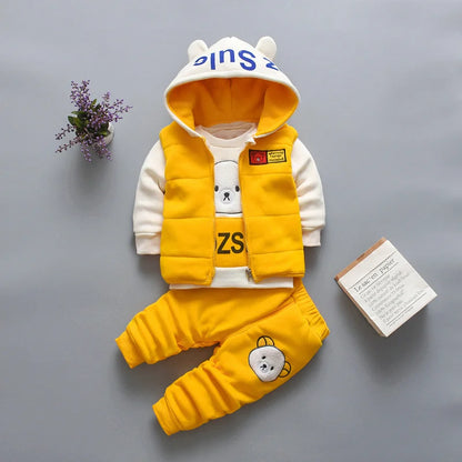 New Autumn Winter  Baby Girl Clothes Children Boys Thickened Hooded Vest T-Shirt Pants 3Pcs/Sets Toddler Costume Kids Tracksuits (Available)
