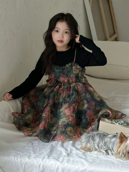 Girls Casual Dresses Autumn Girl Black T-shirt Camisole Flower Mesh Gauze Suit Princess Simple Printing Loose Beautiful 2024