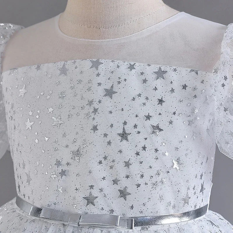 Summer Girls Dresses for Party and Wedding Lace Mesh Short Sleeve Girls Sequin Dress Fashion Girls Party Dress 4-10 Years