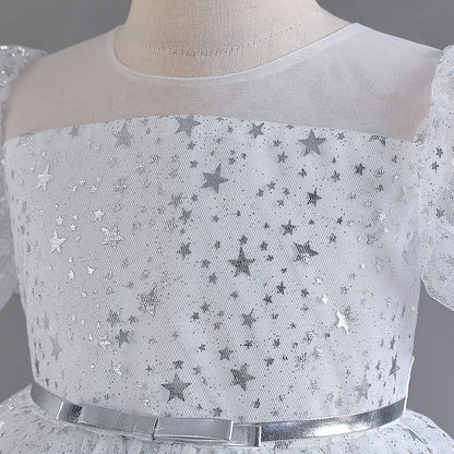 Summer Girls Dresses for Party and Wedding Lace Mesh Short Sleeve Girls Sequin Dress Fashion Girls Party Dress 4-10 Years