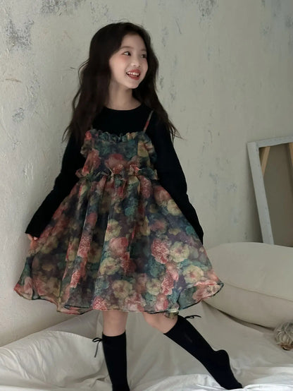 Girls Casual Dresses Autumn Girl Black T-shirt Camisole Flower Mesh Gauze Suit Princess Simple Printing Loose Beautiful 2024