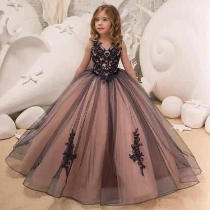 Elegant Girl Party Dress For Wedding Black V Neck Lace Tulle Long Flower Girls Dresses Princess Pageant Birthday Christmas Gown