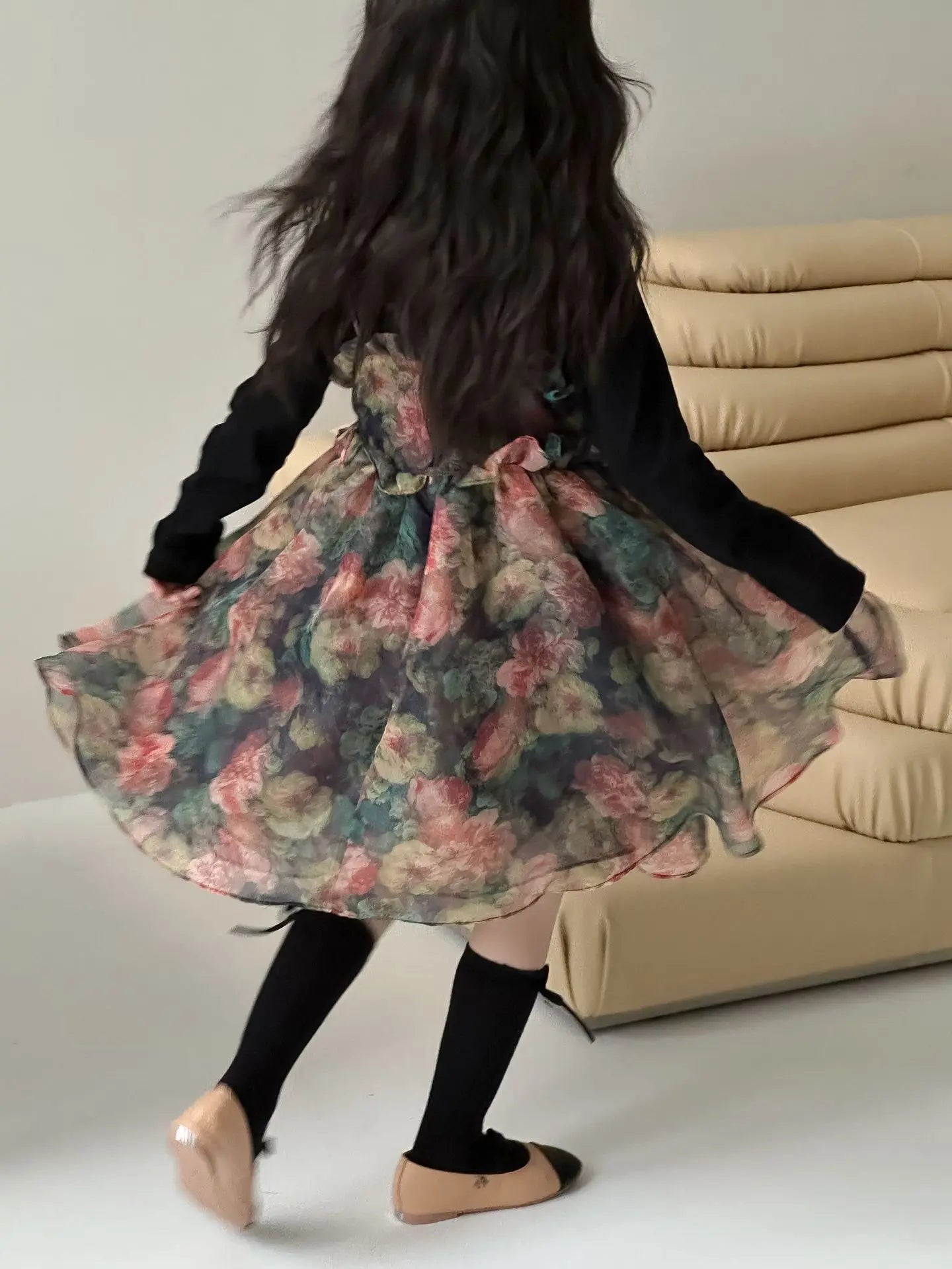 Girls Casual Dresses Autumn Girl Black T-shirt Camisole Flower Mesh Gauze Suit Princess Simple Printing Loose Beautiful 2024