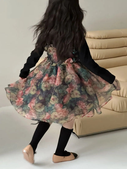 Girls Casual Dresses Autumn Girl Black T-shirt Camisole Flower Mesh Gauze Suit Princess Simple Printing Loose Beautiful 2024