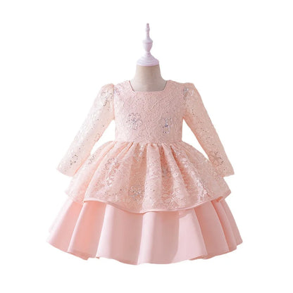 Kids Wedding Party Dresses Girls Bow White Flower Long Sleeved Costume Clothes Children Birthday Princess Gown Evening Vestidos