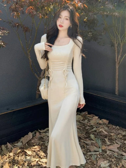 French Style Dresses Women High Waisted  Daily Casual Comfortable Long Sleeve Ladies Mermaid Dress  Autumn Winter Clothes  (Available)