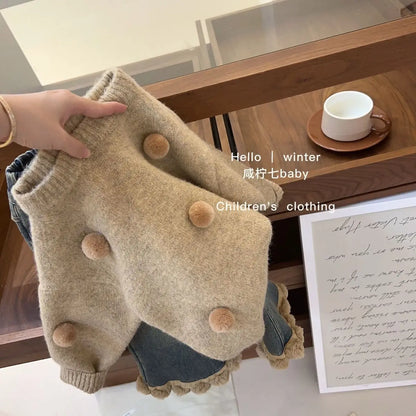 Autumn Tops's Girls Knitted Pullover Sweater Casual Simple Balloon Top Coat Winter Baby Clothing Fur Ball Design 1PCS   (Available)