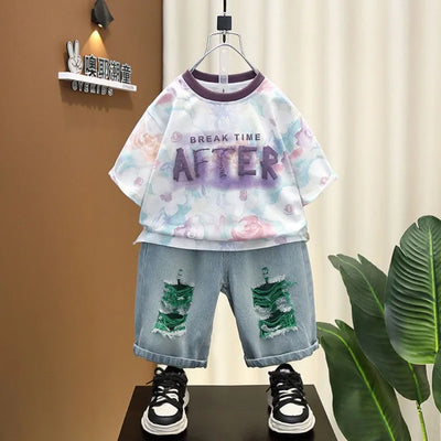 Summer Baby Boys Fashion High Quality Set Cotton Boy Short Sleeved Hole T-shirt + Denim Shorts Kids Loose Casual Clothes 2-11Y