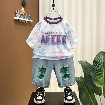 Summer Baby Boys Fashion High Quality Set Cotton Boy Short Sleeved Hole T-shirt + Denim Shorts Kids Loose Casual Clothes 2-11Y