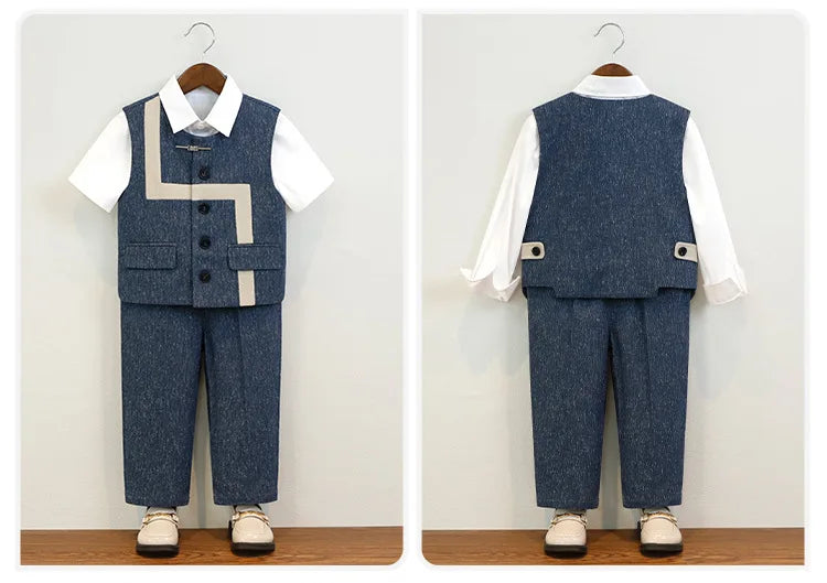 Summer Children Boys Suit Set Stylish Flower 1-10Y Boys Formal Wedding Suit Outfit Spliced Kids Baby Boys Vest Shirt Shorts Suit