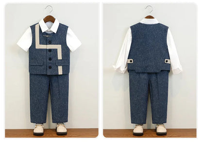 Summer Children Boys Suit Set Stylish Flower 1-10Y Boys Formal Wedding Suit Outfit Spliced Kids Baby Boys Vest Shirt Shorts Suit
