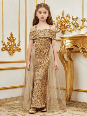 Girls Flower Girl Evening Dress Girl Long Festival Event Performance Small Dress 10-Year-Old Girl Pink Girl Birthday Shiny Dress