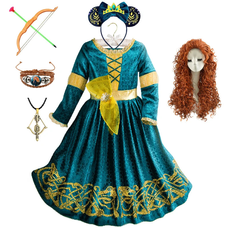 New Cartoon Movie Girls Princess Merida Dress Halloween Brave Princess Costume Children Green Velvet Long Sleeve Vintage Clothes