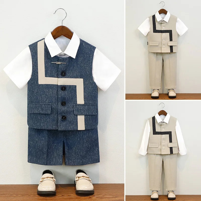 Summer Children Boys Suit Set Stylish Flower 1-10Y Boys Formal Wedding Suit Outfit Spliced Kids Baby Boys Vest Shirt Shorts Suit