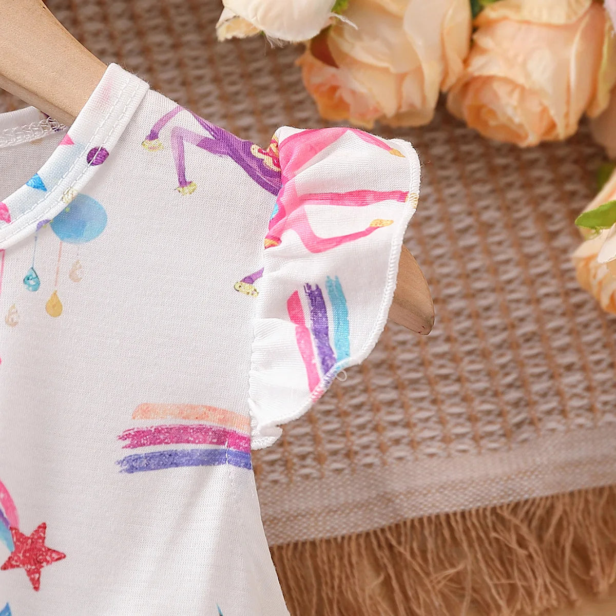 Summer Girls Dress For Kids 1-8 Years old Fashion Cute Cartoon Unicorn Ruffled Tulle Sleeve Princess Dresses For Holiday