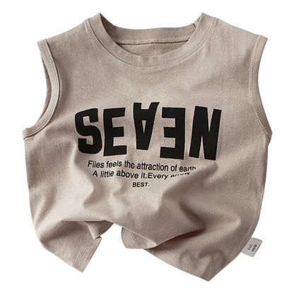 Summer Boys Letter Print Tops Girls Wide Shoulder Vest Children's O-neck T-shirt 2025 Baby Kids Korean Solid Sleeveless Tank Top