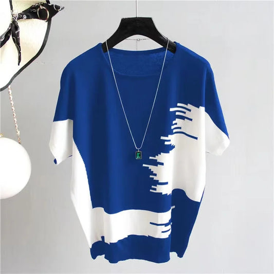 Ice Silk ort Sve T-irt Women's Brand Tagl Summer Irregular Knitted Top Commute Sle Loose Fit round Ne Regular L... (Available)