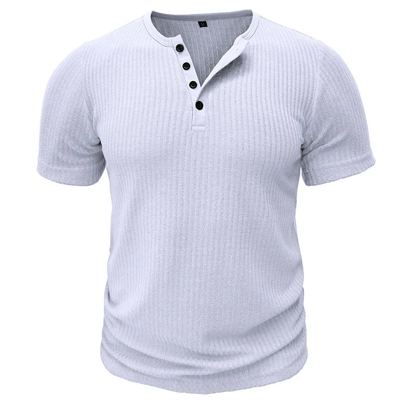 Summer Trend Men's Short Sleeve Casual T-Shirts Solid Henley Neck Button Up Pullover Tops Spring Turn Down Collar Basic Shirt (Available)