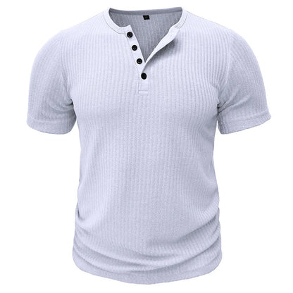 Summer Trend Men's Short Sleeve Casual T-Shirts Solid Henley Neck Button Up Pullover Tops Spring Turn Down Collar Basic Shirt (Available)