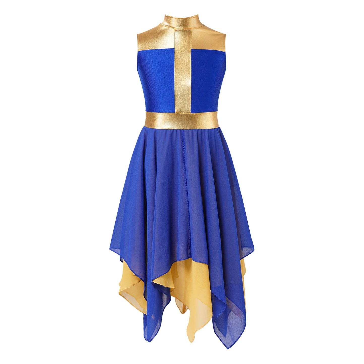 Girls Liturgical Worship Praise Dance Dress Contemporary Lyrical Dancewear Sleeveless Sequins Bodice Asymmetrical Tunic Dresses