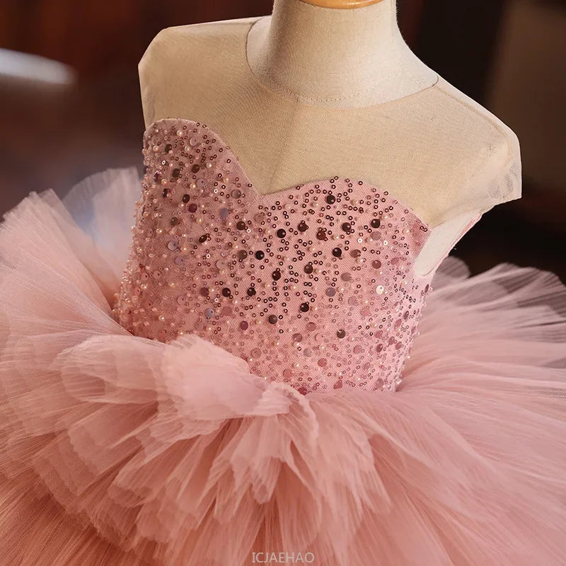 Girls Pageant Dress Stage Host Gown Kids Piano Performance Outfit Birthday Walking Formal Wear Party Flower Girl Wedding Show