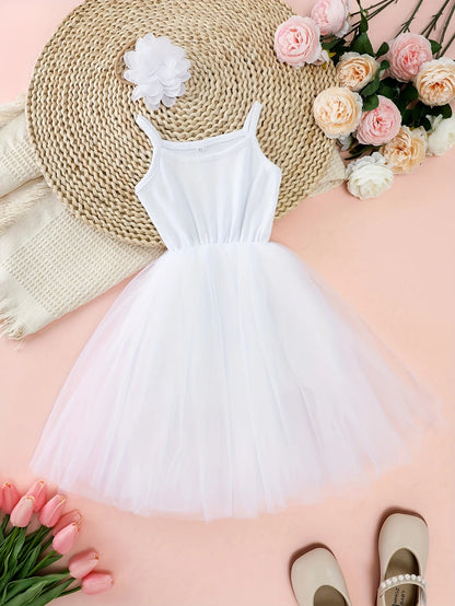 Girls' summer dress with white round neck suspender and sheer skirt, outdoor casual party dress