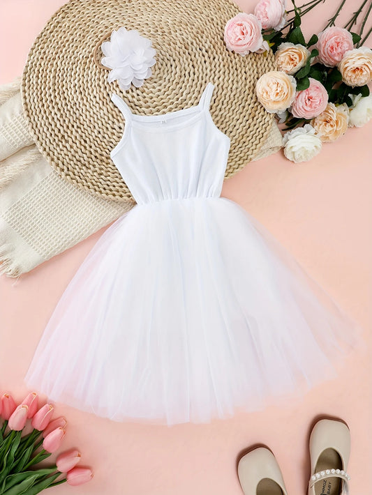 Girls' summer dress with white round neck suspender and sheer skirt, outdoor casual party dress