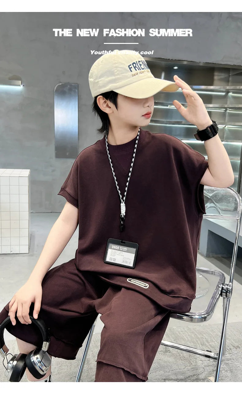 Boys' Summer Outfit Set 2025 New Style Children's Summer Short Sleeved Sportswear Vest Fashionable Boys' Thin Design