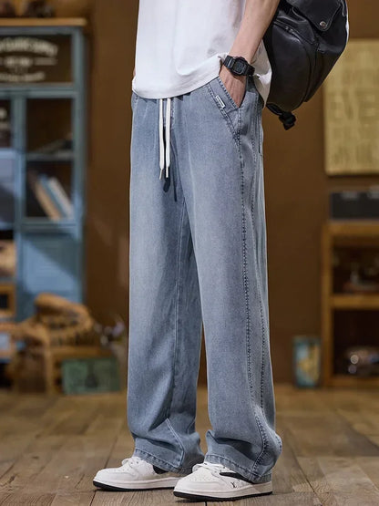 Soft Lyocell Thin Drawstring Jeans Men's Korean Cozy Casual Fashion Straight Trousers Male Streetwear Loose Denim Pants