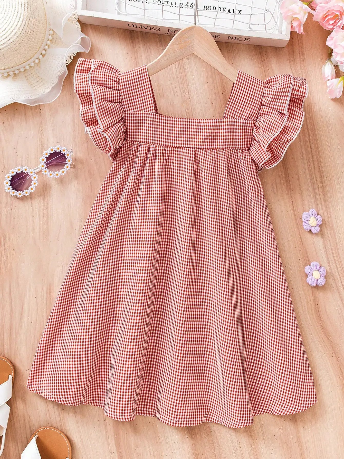 Girl's Red & White Gingham Dress with Flutter Sleeves & Floral Accents - Perfect for Holidays/Outings, Age 4-7, Spring/Summer