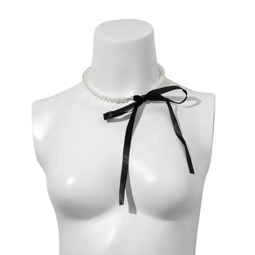 Sexy Trendy Pearl Beaded Bowknot Pendant Necklace for Women Charm Personality Black Lace Ties Collar Jewelry Accessories Gift