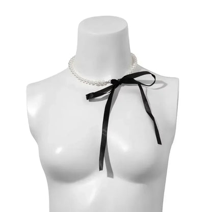 Sexy Trendy Pearl Beaded Bowknot Pendant Necklace for Women Charm Personality Black Lace Ties Collar Jewelry Accessories Gift