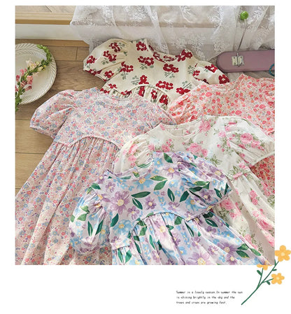 2025 Summer Kids Girls Dresses Short Sleeve A Line Girls Dresses Floral Print Pleated Dress For Girl