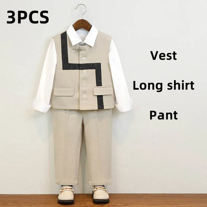 Summer Children Boys Suit Set Stylish Flower 1-10Y Boys Formal Wedding Suit Outfit Spliced Kids Baby Boys Vest Shirt Shorts Suit