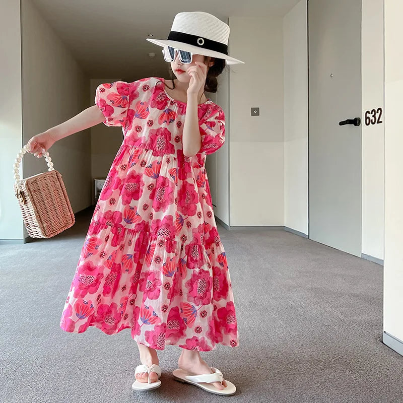 Girl's Large Flower Dress 2025 New Summer Children's Foreign-Style Loose Korean Version of the Older Girls Floral Lazy Skirt