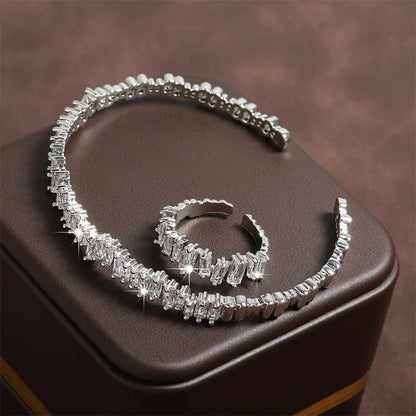 Fashion Adjustable Open Bangle Ring Wedding Jewelry Sets For Women Elegant Shiny AAA Cubic Zirconia Accessories Gift