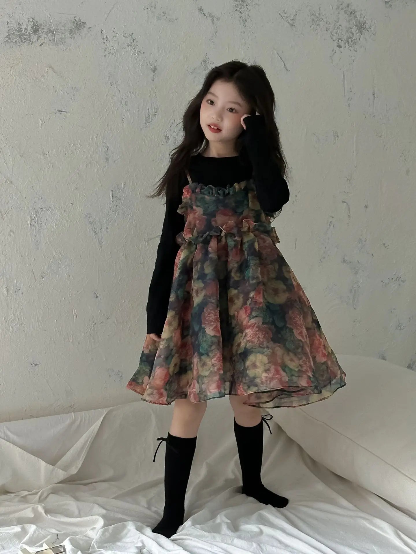 Girls Casual Dresses Autumn Girl Black T-shirt Camisole Flower Mesh Gauze Suit Princess Simple Printing Loose Beautiful 2024