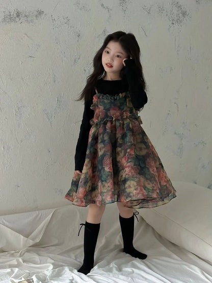Girls Casual Dresses Autumn Girl Black T-shirt Camisole Flower Mesh Gauze Suit Princess Simple Printing Loose Beautiful 2024