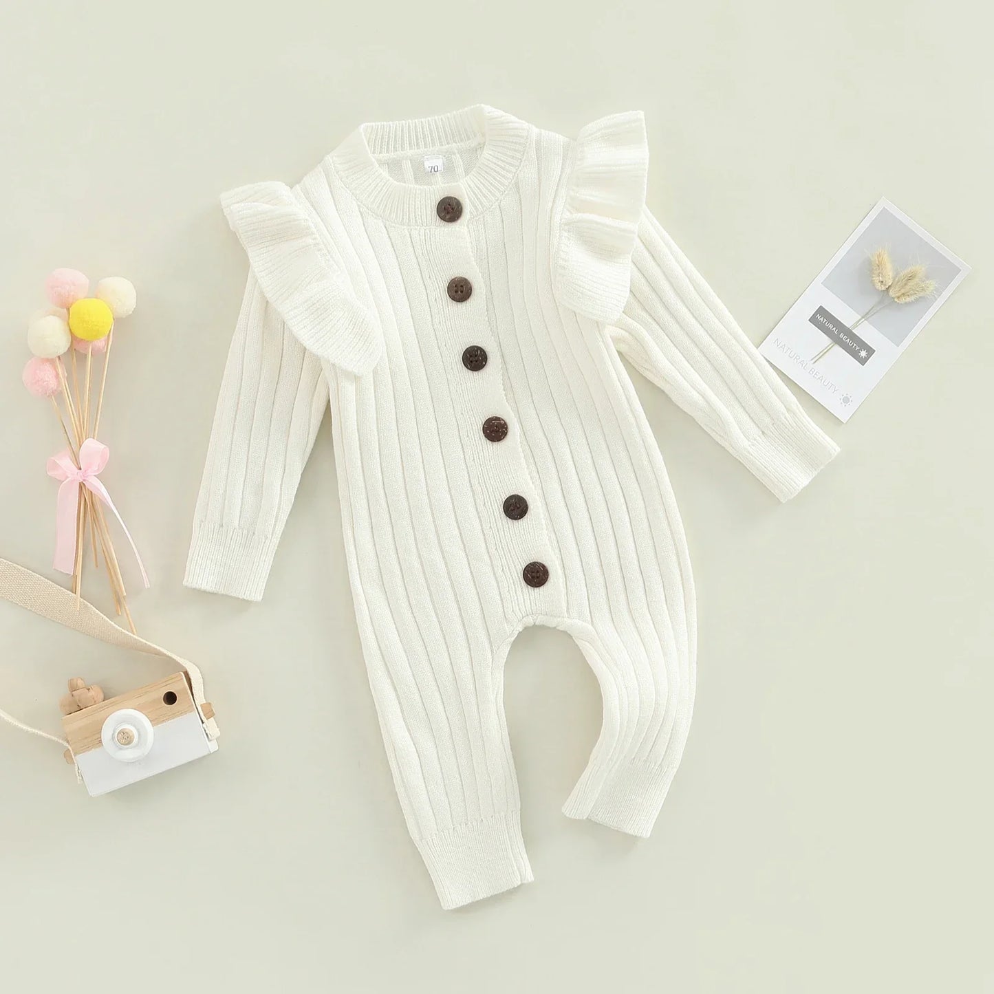 New  Winter Baby Girl’s Knitted Long Sleeve Sweater Jumpsuit Fashion Solid Color Round Neck Ruffles Button Warm Romper Outfits (Available)