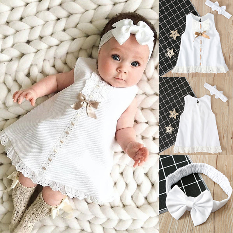0-24 Months Newborn Infant Baby Girls Dress White Princess Lace Bowknot Sleeveless Dress Headband Clothes Outfit Sets