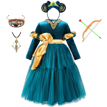 New Cartoon Movie Girls Princess Merida Dress Halloween Brave Princess Costume Children Green Velvet Long Sleeve Vintage Clothes