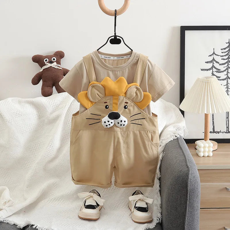 Boys' summer short sleeved set 2025 new children's cartoon cute T-shirt shoulder pants two-piece set