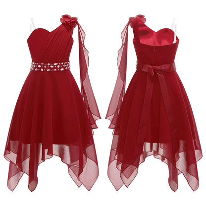 Summer Girls Festive Dress Hi-Lo Tulle Sleeveless Shiny Beaded Dress Flower Kids Wedding Pageant Clothing Evening Communion Gow