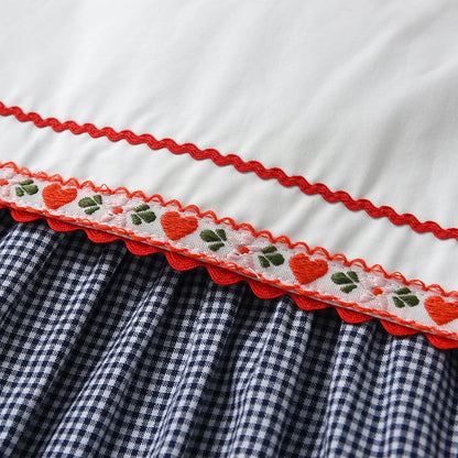 Vintage Dress Girls Kids Boutique Embroidery Square-cut Collar Plaid Dresses Girl Children Seven Sleeves Frocks Casual Clothing