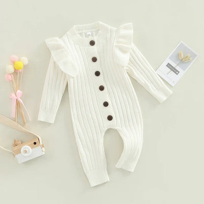 New  Winter Baby Girl’s Knitted Long Sleeve Sweater Jumpsuit Fashion Solid Color Round Neck Ruffles Button Warm Romper Outfits (Available)