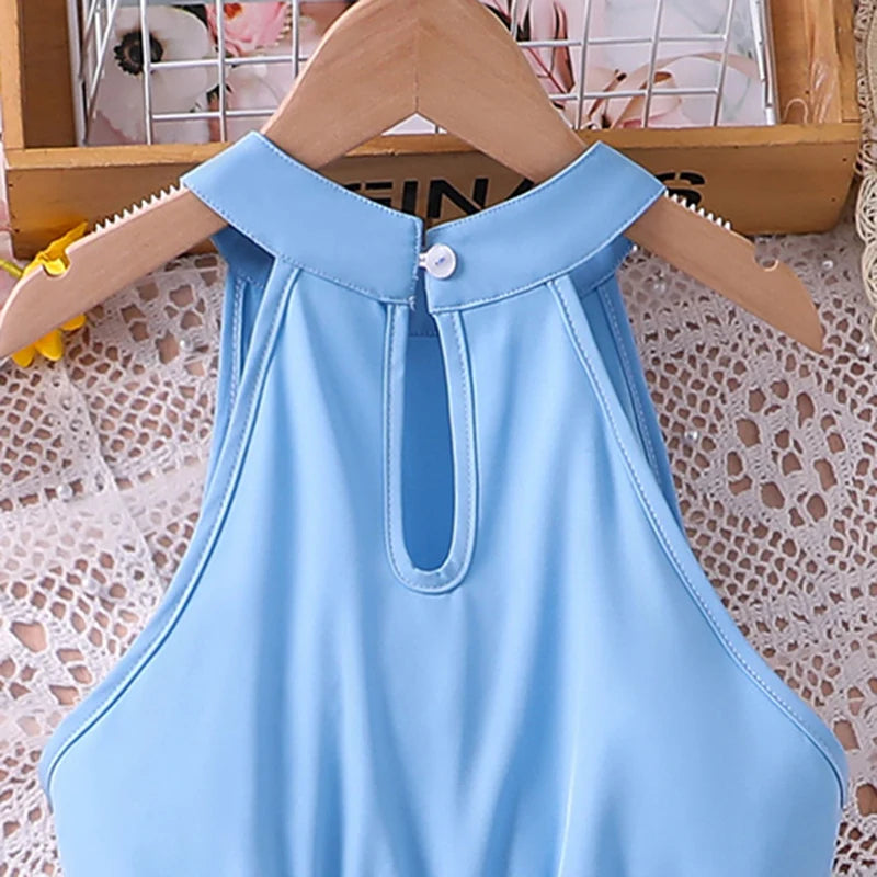 Kids Dress For Girls 8-12 Years Summer Girls Blue Printed Tulle Dress Elegant Fashion Temperamental Princess Dress For Kids